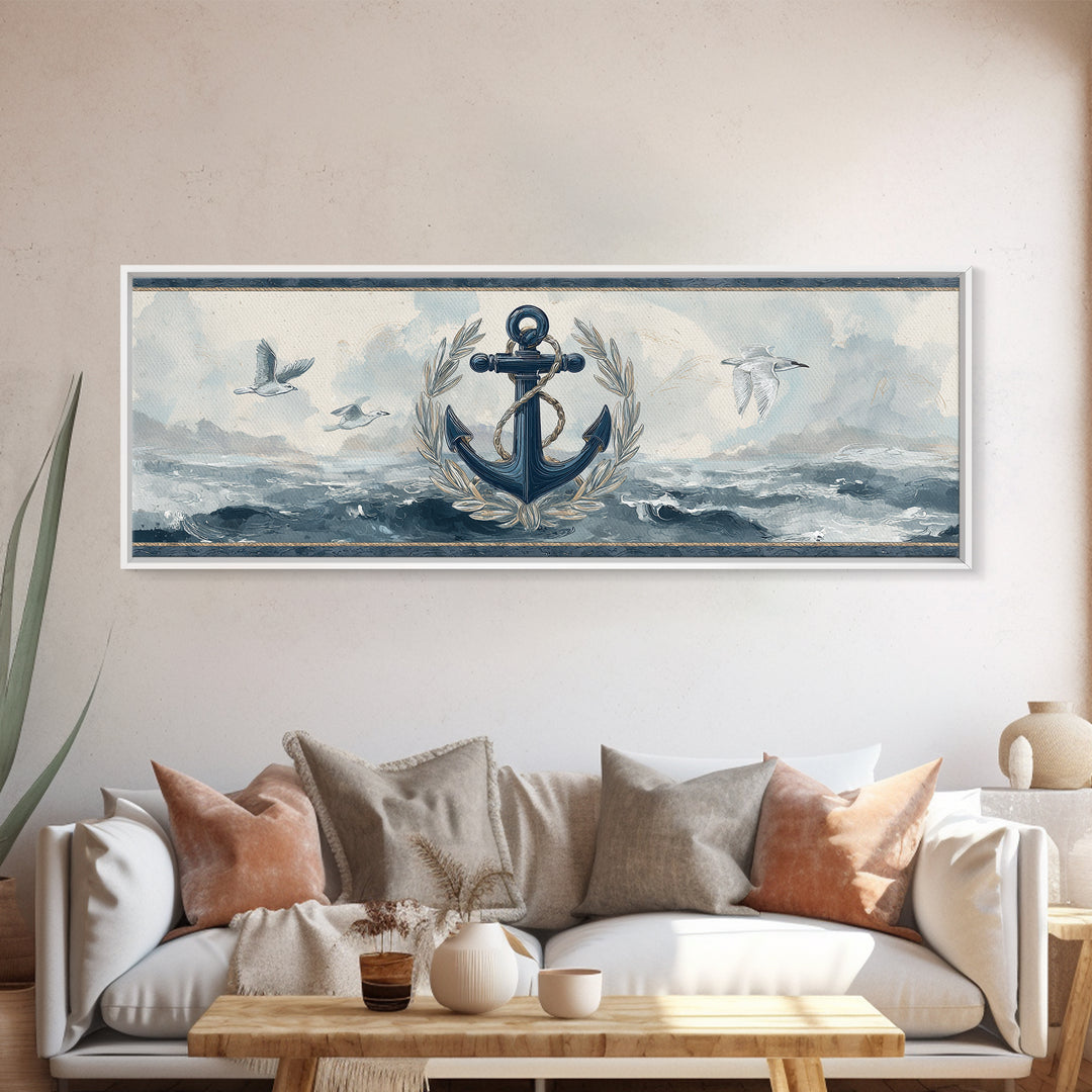 Anchor and Laurel Nautical Crest Without Text Canvas Print, Nautical Art, Beach Print, Coastal Decor, Fine Art, Harbor, NAU-3x1-45