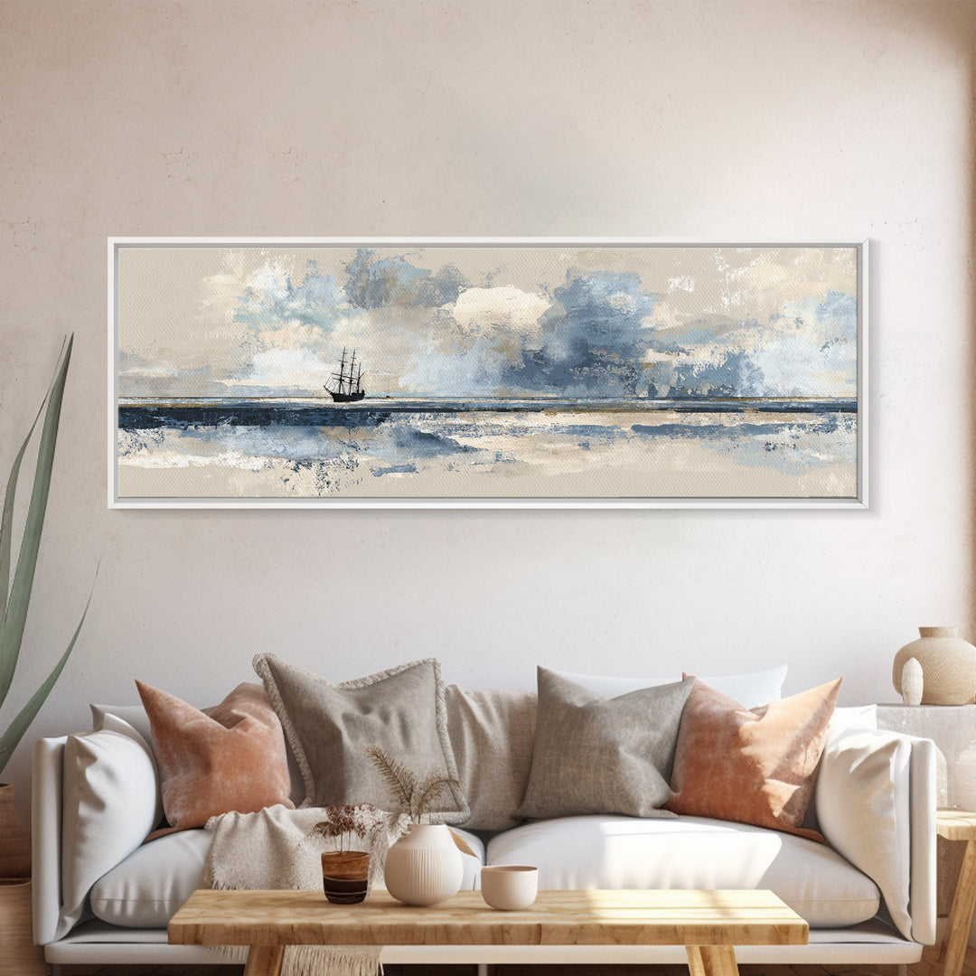 Tall Ship Silhouette at Sunset Canvas Print, Nautical Art, Textured Painting, Coastal Decor, Fine Art, Harbor, NAU-3x1-48