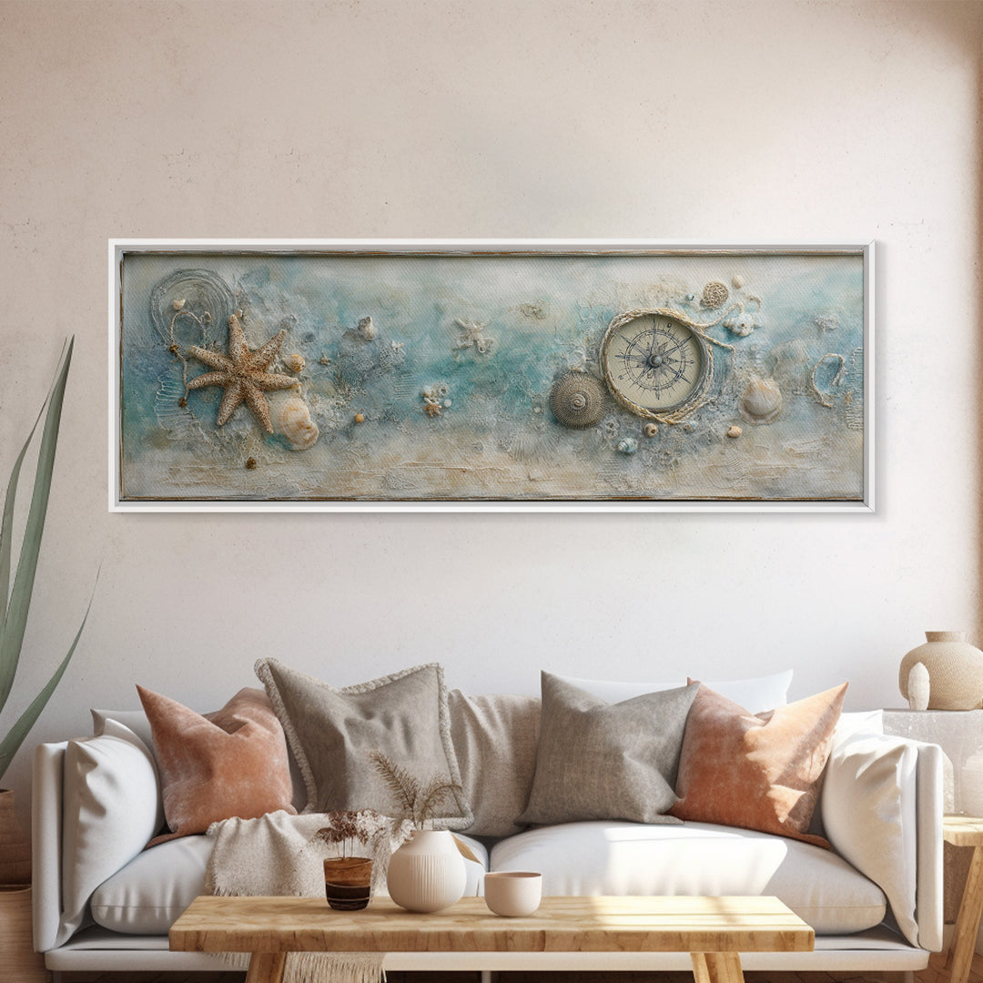 Antique Compass with Rope and Shells Canvas Print, Nautical Art, Coastal Wall Art, Coastal Decor, Harbor, Neutral Decor, NAU-3x1-66