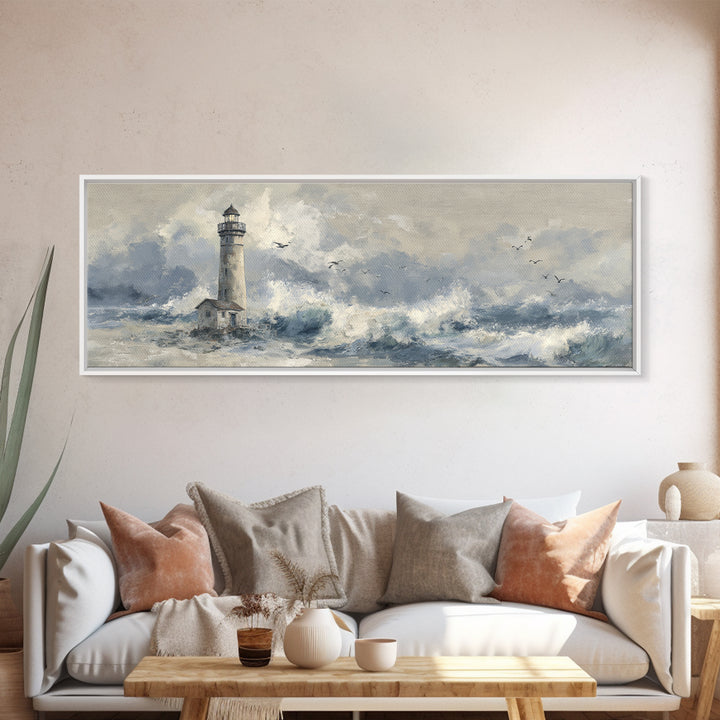 Lighthouse Standing Against Stormy Waves Framed Canvas Print, Nautical Art, Large Wall Art, Coastal Decor, Abstract Art, Harbor, NAU-3x1-67