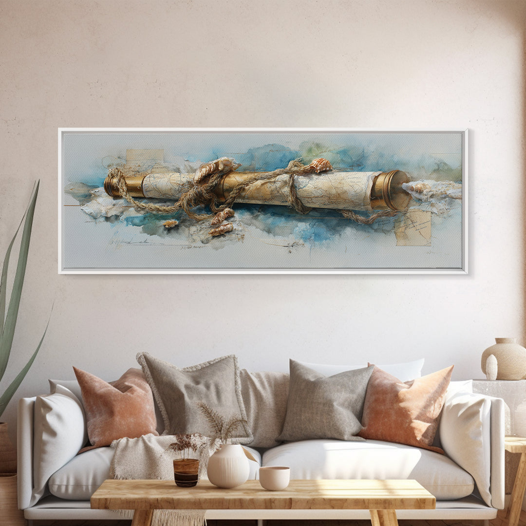 Brass Telescope and Old Map Still Life Canvas Print, Nautical Art, Wall Art, Coastal Decor, Oil Painting, Harbor, Digital Print, NAU-3x1-70