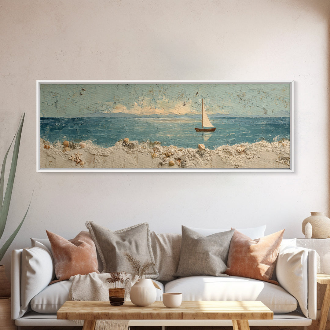 Whale Tail Beside Small Sailboat Framed Canvas Print, Nautical Art, Coastal Decor, Oil Painting, Harbor, Fine Art Print, NAU-3x1-74