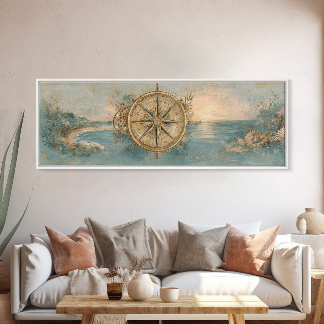 Antique Compass with Rope and Shells Framed Canvas Print, Nautical Art, Beach Print, Coastal Decor, Fine Art, Harbor, NAU-3x1-90