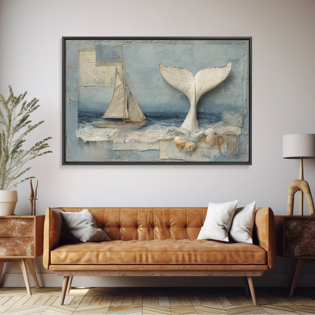 Whale Tail Beside Small Sailboat Framed Canvas Print, Nautical Art, Digital Print, Coastal Decor, Fine Art, Harbor, Beach Print, NAU-3x2-14