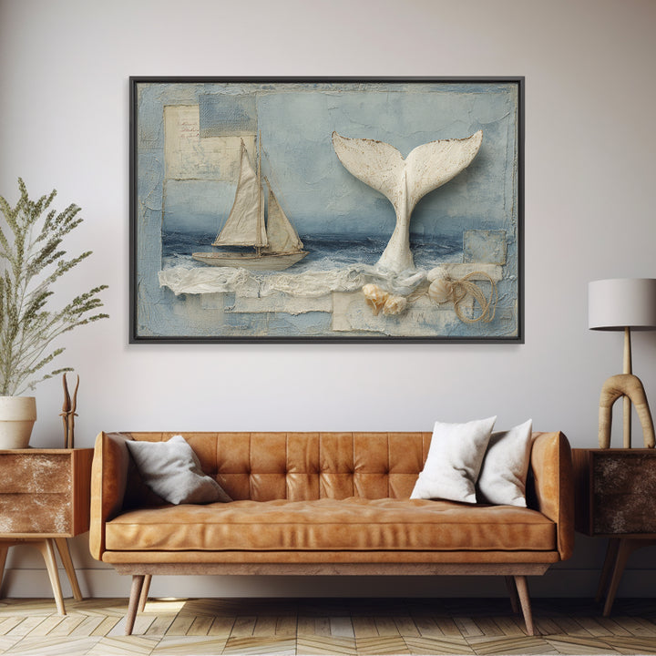 Whale Tail Beside Small Sailboat Framed Canvas Print, Nautical Art, Digital Print, Coastal Decor, Fine Art, Harbor, Beach Print, NAU-3x2-14