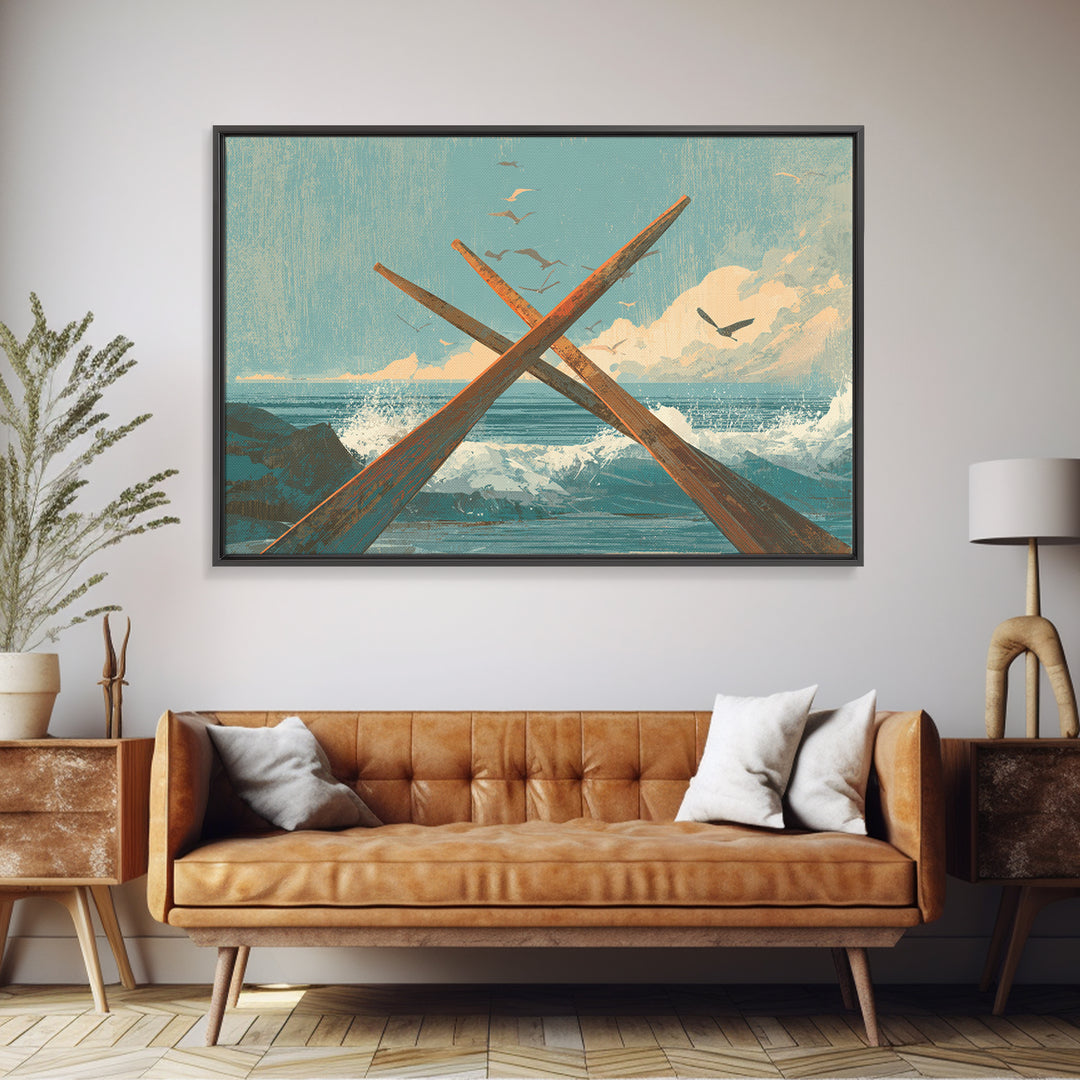 Weathered Oars Crossed Framed Canvas Print, Nautical Art, Coastal Wall Art, Coastal Decor, Fine Art, Harbor, Neutral Decor, NAU-3x2-15