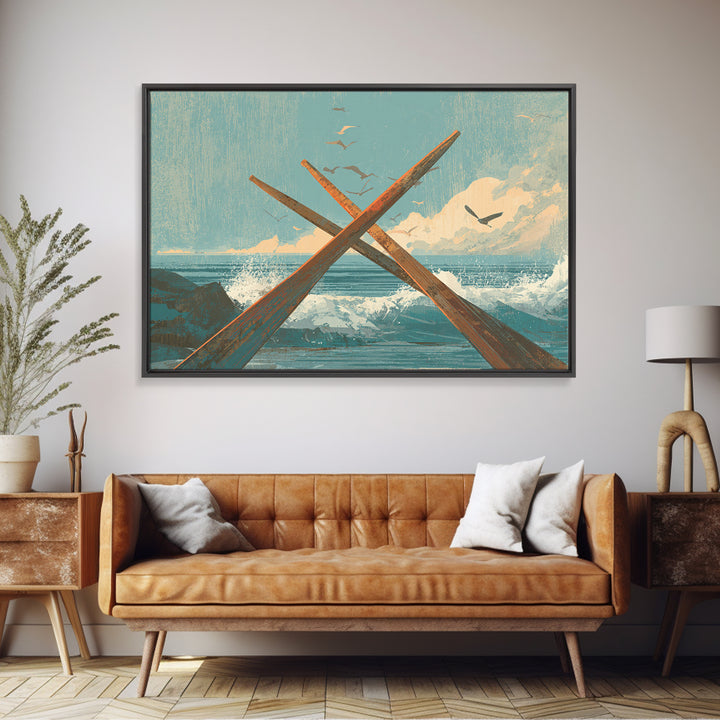 Weathered Oars Crossed Framed Canvas Print, Nautical Art, Coastal Wall Art, Coastal Decor, Fine Art, Harbor, Neutral Decor, NAU-3x2-15