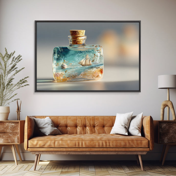 Bottle with Tiny Ship and Ocean Inside Canvas Print, Nautical Art, Minimalist Decor, Coastal Decor, Oil Painting, Harbor, NAU-3x2-68