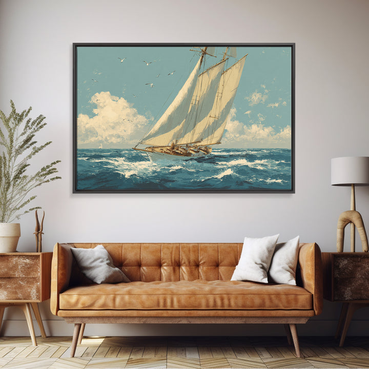 Classic Yacht Racing Through Whitecaps Framed Canvas Print, Nautical Art, Nautical Wall Art, Coastal Decor, Watercolor Art, NAU-3x2-71