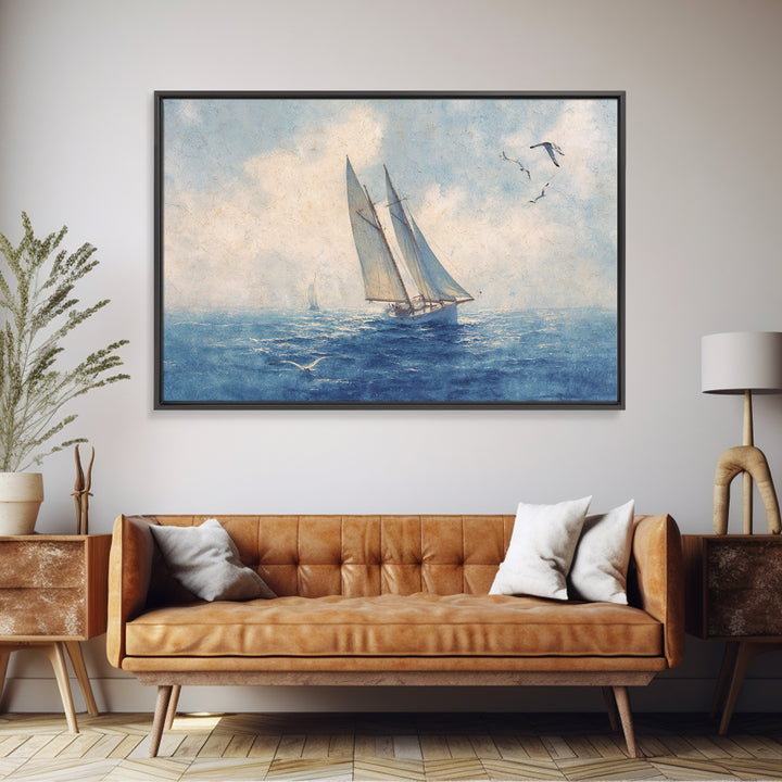 Sailboat Leaning into Wind on Blue Water Framed Canvas Print, Nautical Art, Room Decor, Coastal Decor, Fine Art, Harbor, NAU-3x2-77