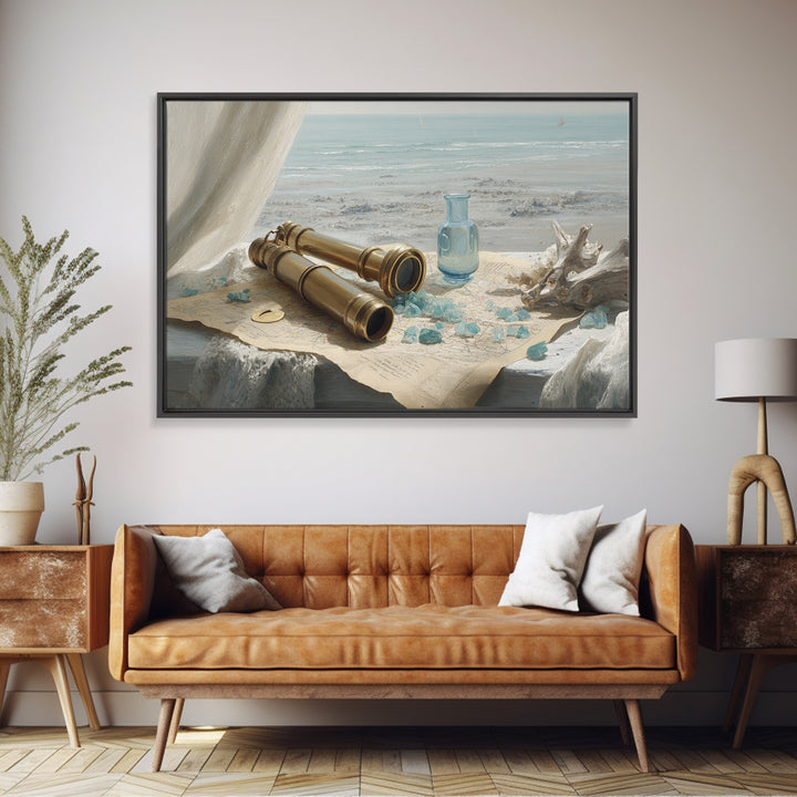 Brass Telescope and Old Map Still Life Framed Canvas Print, Nautical Art, Ocean Art, Coastal Decor, Oil Painting, Harbor, NAU-3x2-82