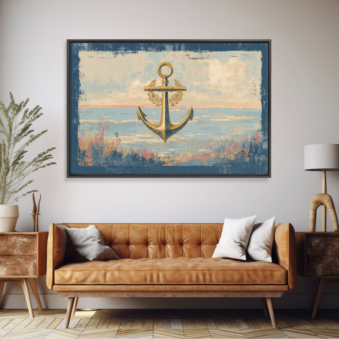 Anchor and Laurel Nautical Crest Without Text Framed Canvas Print, Nautical Art, Beach Decor, Coastal Decor, Fine Art, Harbor, NAU-3x2-9