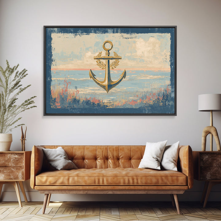 Anchor and Laurel Nautical Crest Without Text Framed Canvas Print, Nautical Art, Beach Decor, Coastal Decor, Fine Art, Harbor, NAU-3x2-9