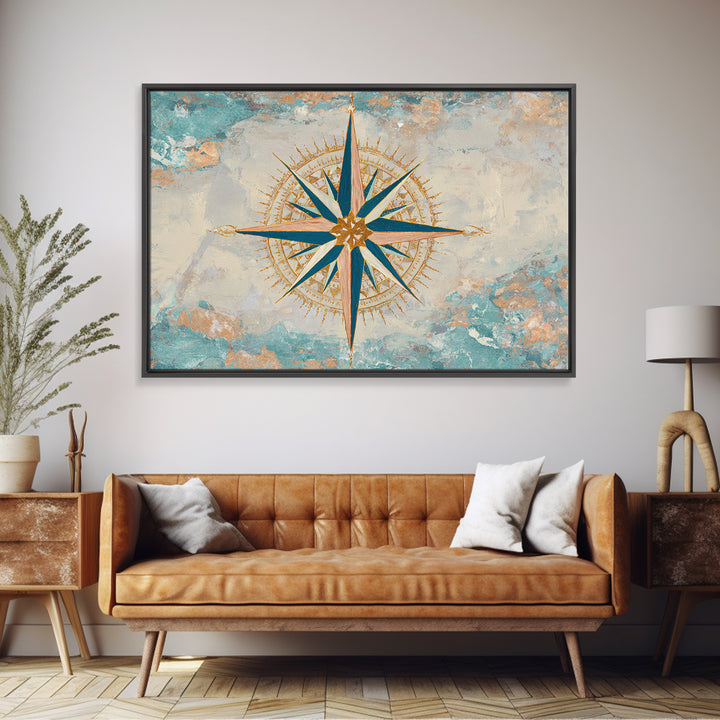 Nautical Star Compass Rose Framed Canvas Print, Nautical Art, Beach Print, Coastal Decor, Fine Art, Harbor, Luxury Decor, NAU-3x2-90