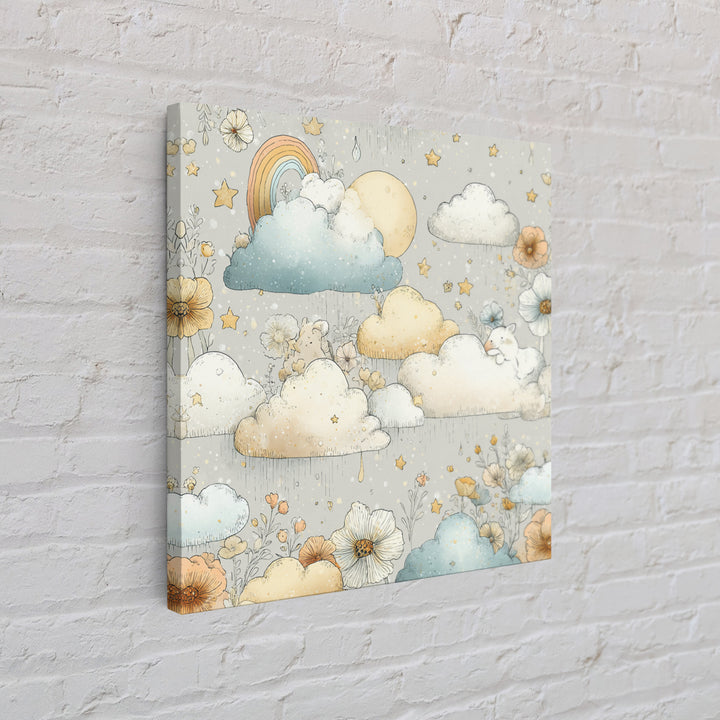 Cloud Rainbow and Raindrop Composition Canvas Print, Nursery Decor, Canvas, Fine Art, Nursery, Playroom Decor, Floral Wall Art, NDE-1x1-20