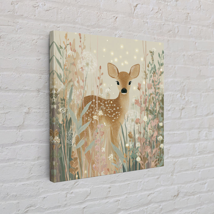 Baby Deer in Meadow with Fireflies Canvas Print, Nursery Decor, Floral Wallpaper, Nursery, Fine Art Print, Statement Artwork, NDE-1x1-22