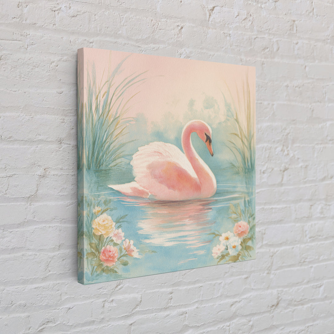 Pink Swan on Calm Pond Framed Canvas Print, Nursery Decor, Boho Decor, Oil Painting, Nursery, Nursery Wall Art, Framed Wall Art, NDE-1x1-37