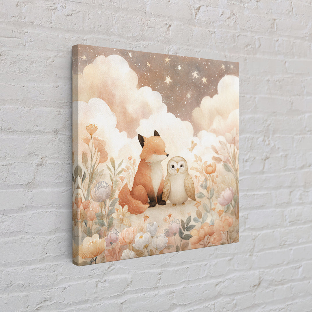 Fox and Owl Friends Framed Canvas Print, Nursery Decor, Gallery Decor, Fine Art, Nursery, Wall Art, Home Decor, Wall Decor, NDE-1x1-38