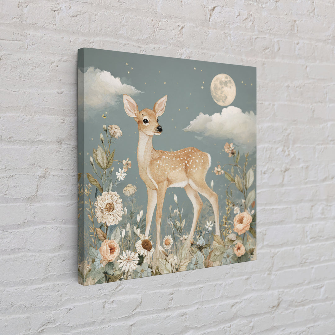 Baby Deer in Meadow with Fireflies Framed Canvas Print, Nursery Decor, Nursery Wall Decals, Oil Painting, Nursery, NDE-1x1-46