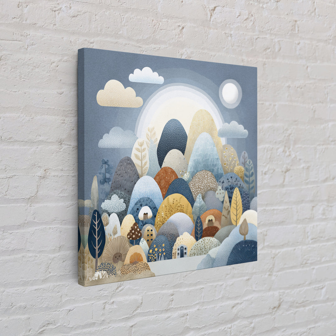 Calm Mountain Nursery Landscape Framed Canvas Print, Nursery Decor, Art Print, Oil Painting, Nursery, Woodland Nursery Decor, NDE-1x1-48