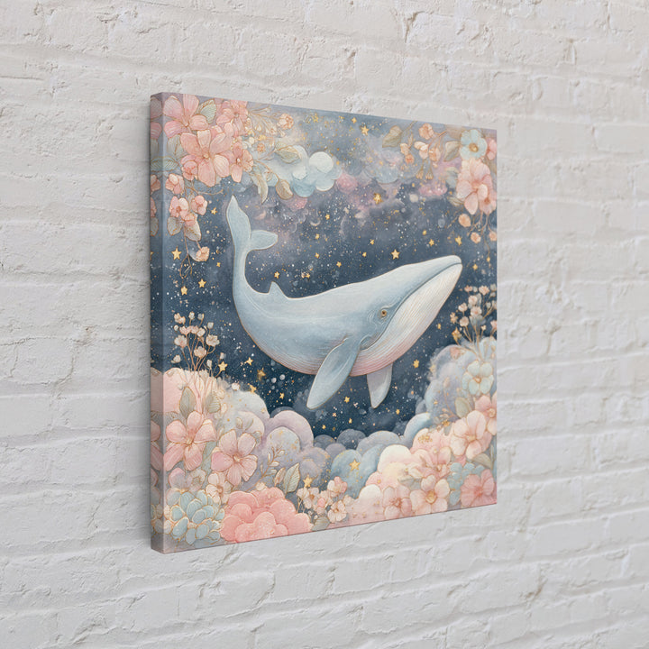 Baby Whale Swimming Through Stars Framed Canvas Print, Nursery Decor, Nursery, Fine Art, Nursery, Baby Girl Nursery Decor, NDE-1x1-56