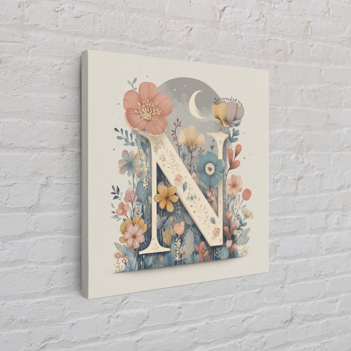 Soft Floral Initial Frame Without Letters Framed Canvas Print, Nursery Decor, Boy Nursery Decor, Fine Art, Nursery, NDE-1x1-58