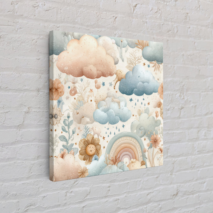 Cloud Rainbow and Raindrop Composition Framed Canvas Print, Nursery Decor, Wall Light, Fine Art, Nursery, Statement Artwork, NDE-1x1-68