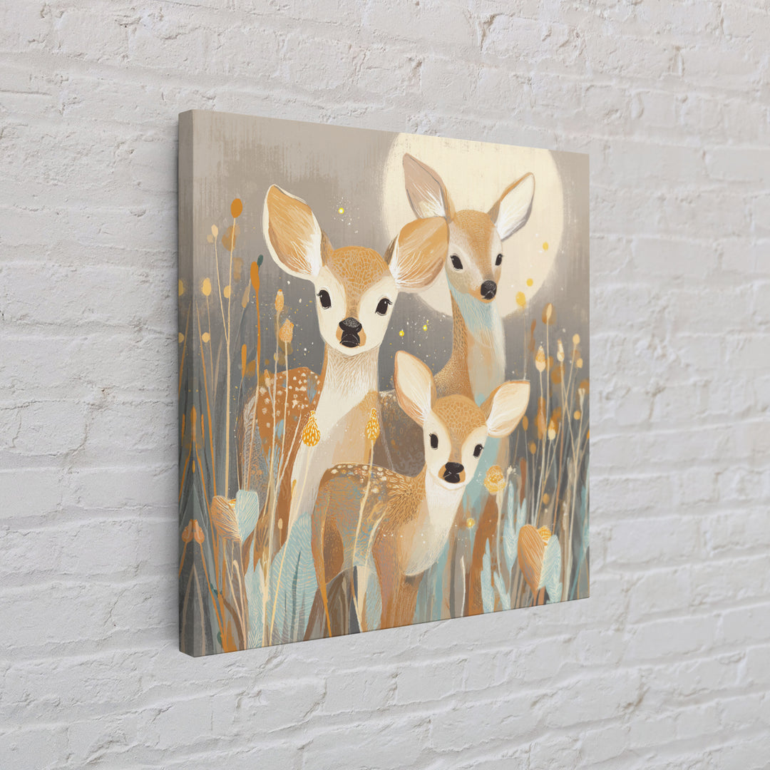 Baby Deer in Meadow with Fireflies Framed Canvas Print, Nursery Decor, Nursery Wall Decals, Oil Painting, Nursery, NDE-1x1-70