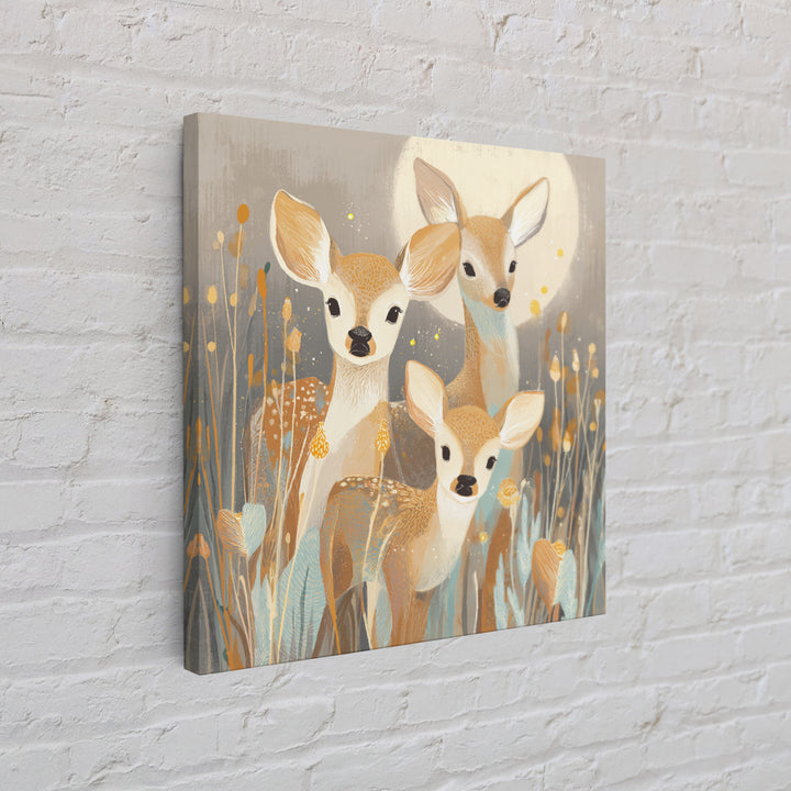 Baby Deer in Meadow with Fireflies Framed Canvas Print, Nursery Decor, Nursery Wall Decals, Oil Painting, Nursery, NDE-1x1-70