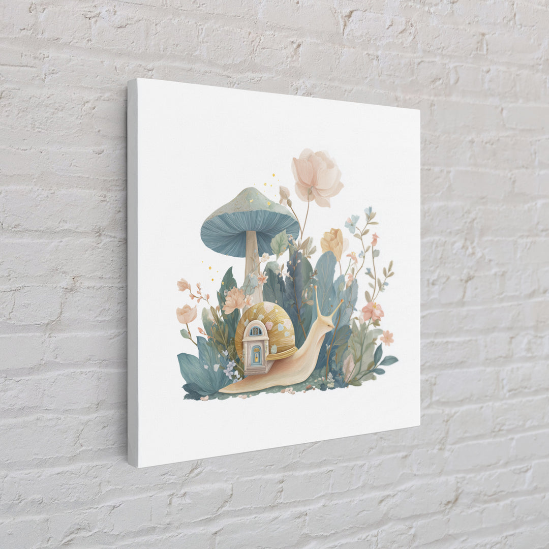 Garden Snail with Mushroom House Framed Canvas Print, Nursery Decor, Woodland Nursery, Watercolor Art, Nursery, NDE-1x1-71
