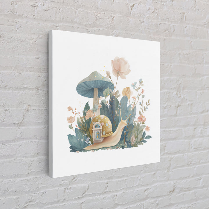 Garden Snail with Mushroom House Framed Canvas Print, Nursery Decor, Woodland Nursery, Watercolor Art, Nursery, NDE-1x1-71