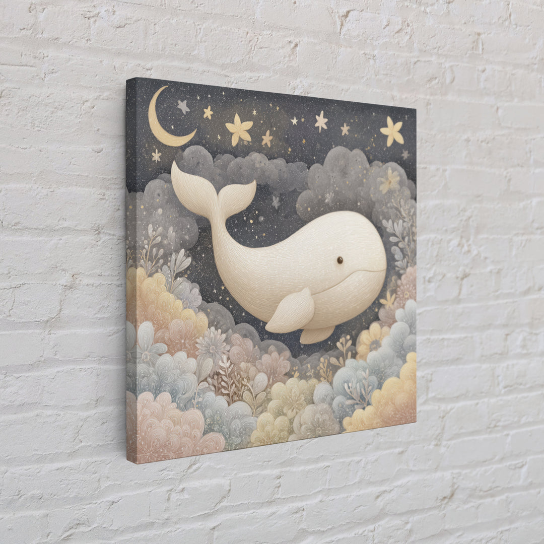 Baby Whale Swimming Through Stars Framed Canvas Print, Nursery Decor, Framed Wall Art, Fine Art, Nursery, Safari Nursery Decor, NDE-1x1-8