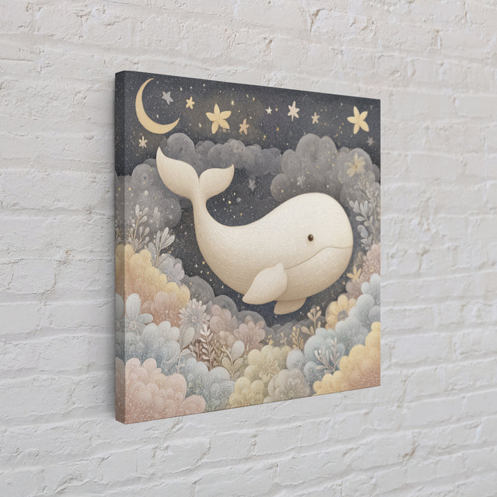 Baby Whale Swimming Through Stars Framed Canvas Print, Nursery Decor, Framed Wall Art, Fine Art, Nursery, Safari Nursery Decor, NDE-1x1-8