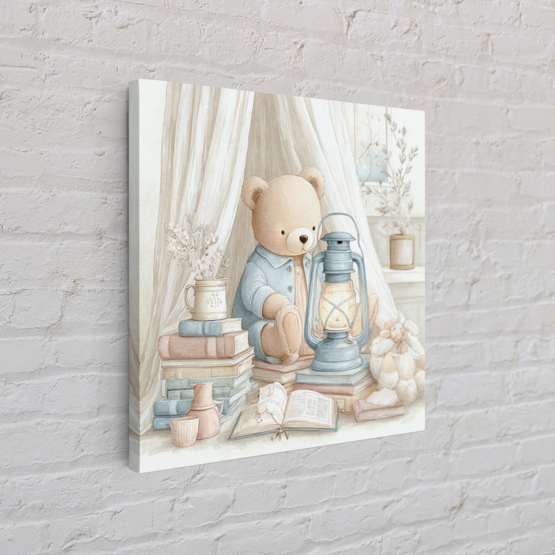 Storybook Bear with Little Lantern Canvas Print, Nursery Decor, Art Print, Fine Art, Nursery, Woodland Nursery Decor, NDE-1x1-81