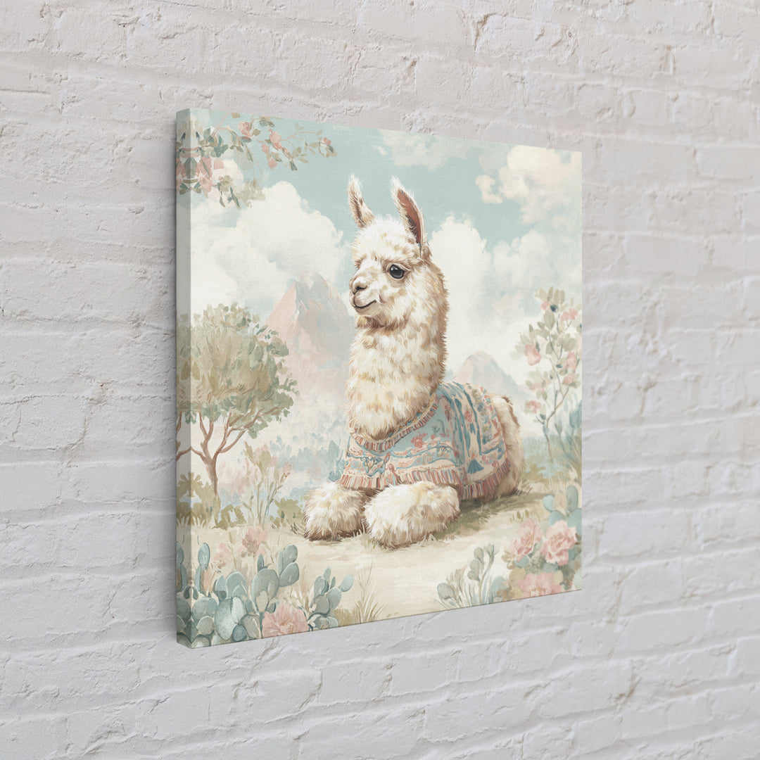 Cute Llama with Blanket Pattern Framed Canvas Print, Nursery Decor, Wall Art, Oil Painting, Nursery, Nursery Wall Decor, NDE-1x1-93