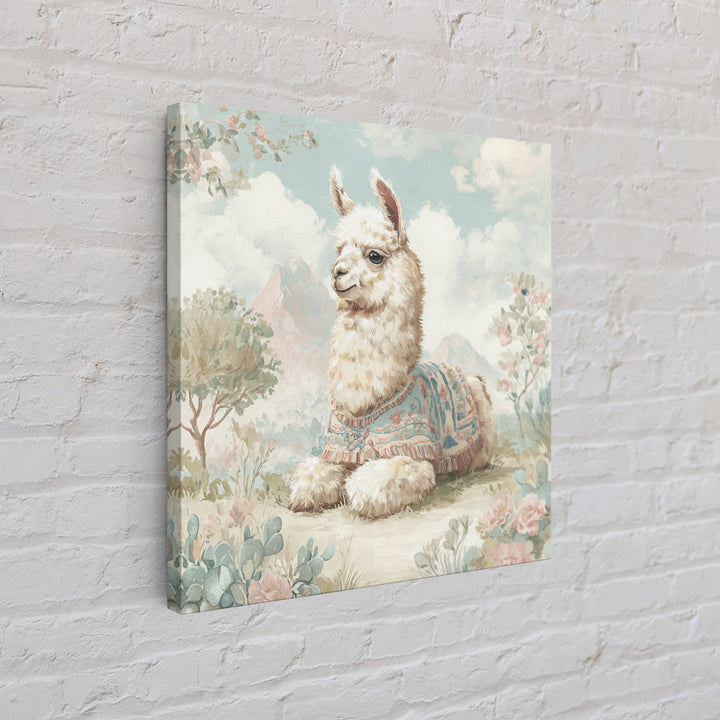 Cute Llama with Blanket Pattern Framed Canvas Print, Nursery Decor, Wall Art, Oil Painting, Nursery, Nursery Wall Decor, NDE-1x1-93
