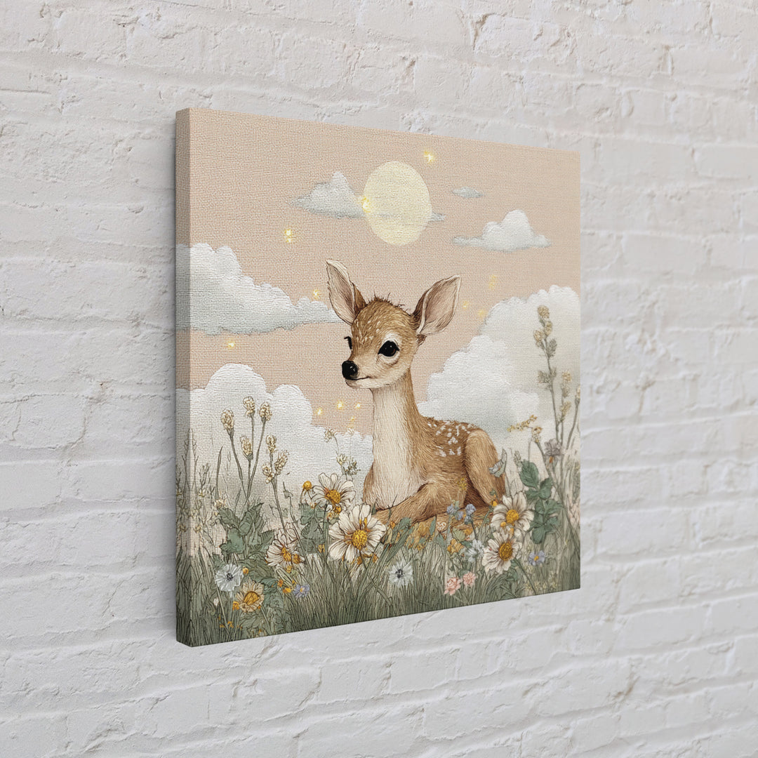 Baby Deer in Meadow with Fireflies Canvas Print, Nursery Decor, Modern Decor, Fine Art, Nursery, Wall Decor, Art Print, NDE-1x1-94