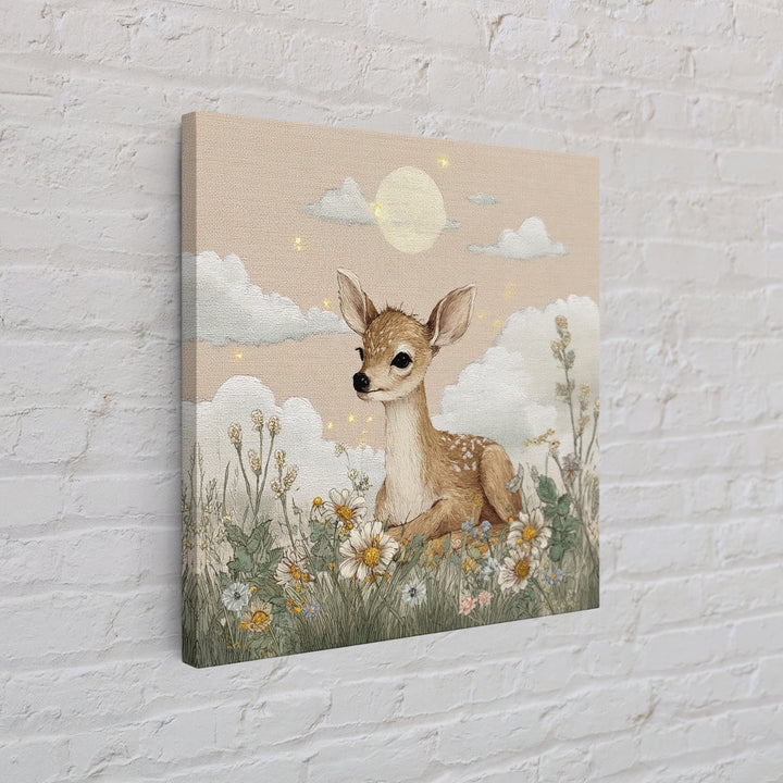 Baby Deer in Meadow with Fireflies Canvas Print, Nursery Decor, Modern Decor, Fine Art, Nursery, Wall Decor, Art Print, NDE-1x1-94