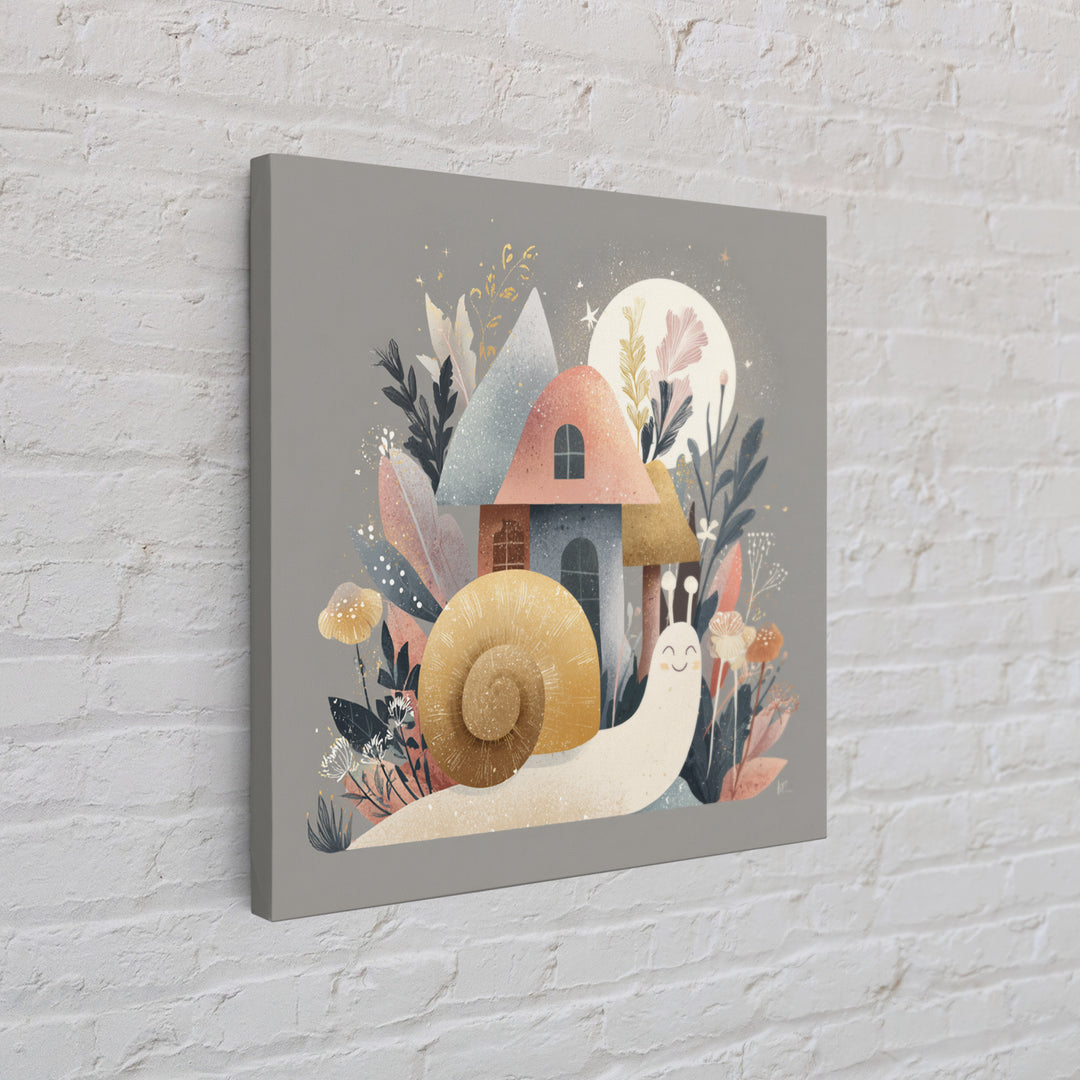 Garden Snail with Mushroom House Canvas Print, Nursery Decor, Fine Art Print, Watercolor Art, Nursery, Printable Wall Art, NDE-1x1-95