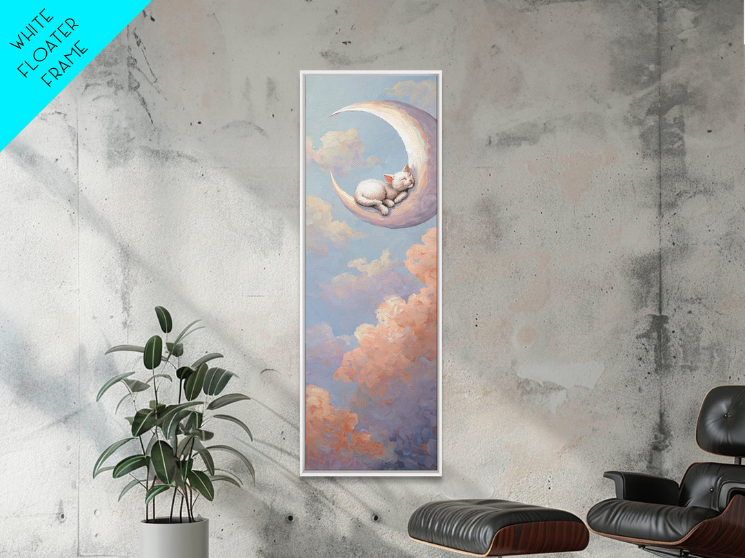 Sleeping Kitten on Crescent Moon Framed Canvas Print, Nursery Decor, Textured Painting, Fine Art, Nursery, Bedroom Decor, NDE-1x3-29