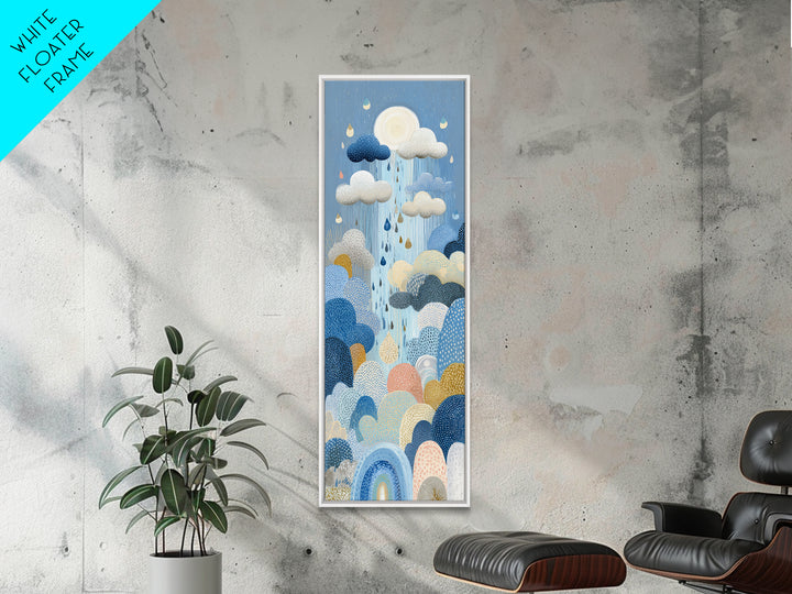 Cloud Rainbow and Raindrop Composition Framed Canvas Print, Nursery Decor, Wall Light, Fine Art, Nursery, Statement Artwork, NDE-1x3-80