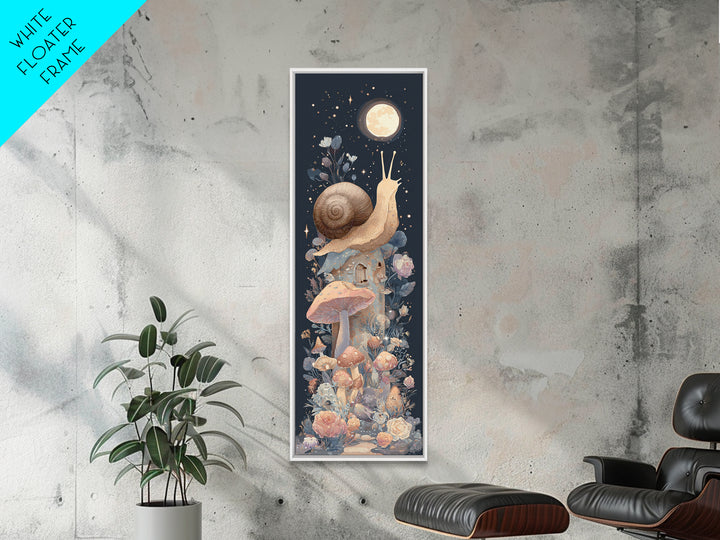 Garden Snail with Mushroom House Framed Canvas Print, Nursery Decor, Woodland Nursery, Watercolor Art, Nursery, NDE-1x3-83