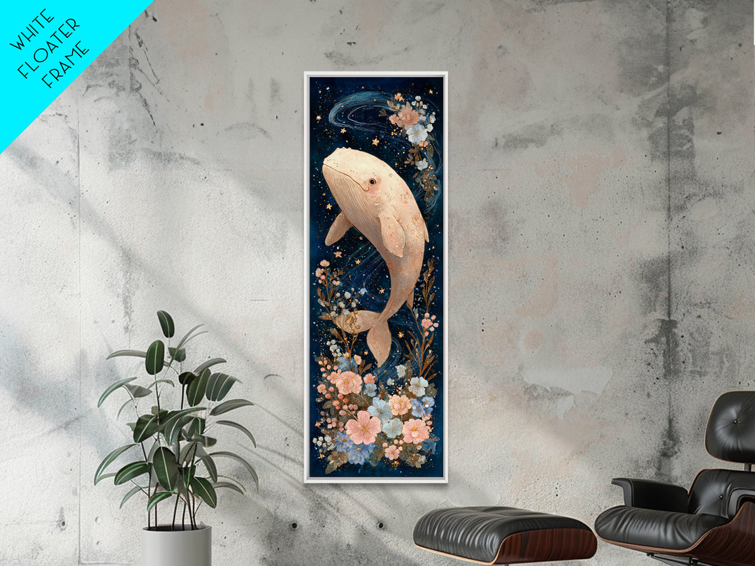 Baby Whale Swimming Through Stars Framed Canvas Print, Nursery Decor, Nursery Name Sign, Fine Art, Nursery, Luxury Decor, NDE-1x3-92