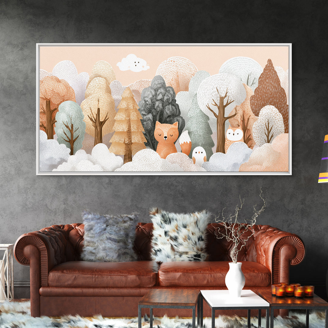 Fox and Owl Friends Framed Canvas Print, Nursery Decor, Contemporary Art, Fine Art, Nursery, Wall Decals, Nursery Wall Decor, NDE-2x1-10