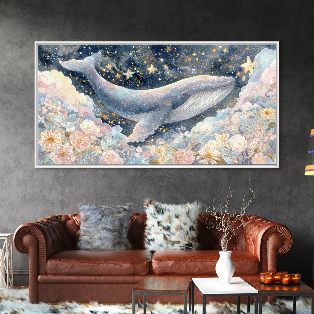 Baby Whale Swimming Through Stars Framed Canvas Print, Nursery Decor, Wall Light, Fine Art, Nursery, Statement Artwork, NDE-2x1-100