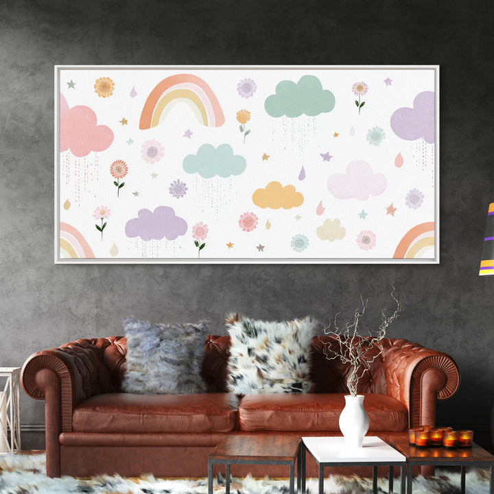 Cloud Rainbow and Raindrop Composition Framed Canvas Print, Nursery Decor, Fine Art Print, Fine Art, Nursery, NDE-2x1-16