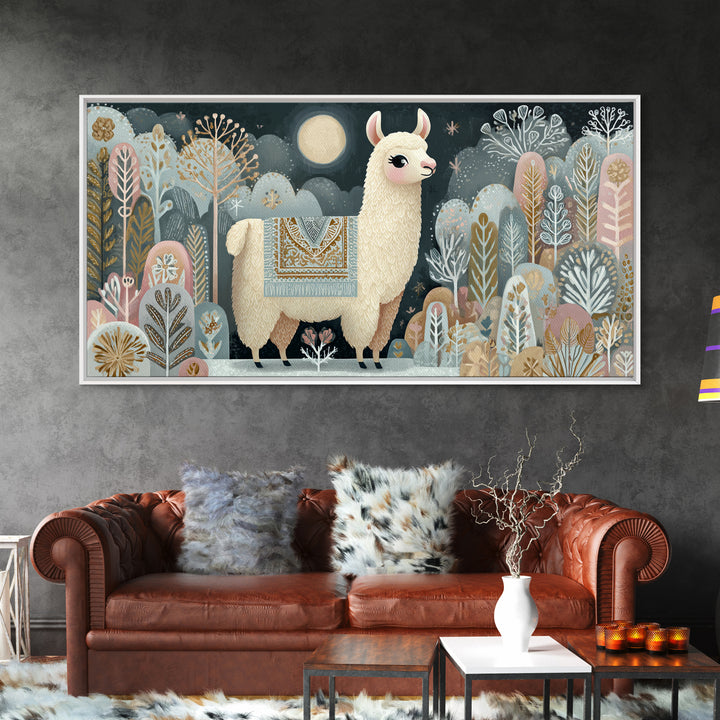 Cute Llama with Blanket Pattern Canvas Print, Nursery Decor, Nursery, Floral Wall Art, Botanical Wall Art, Floral Wallpaper, NDE-2x1-17