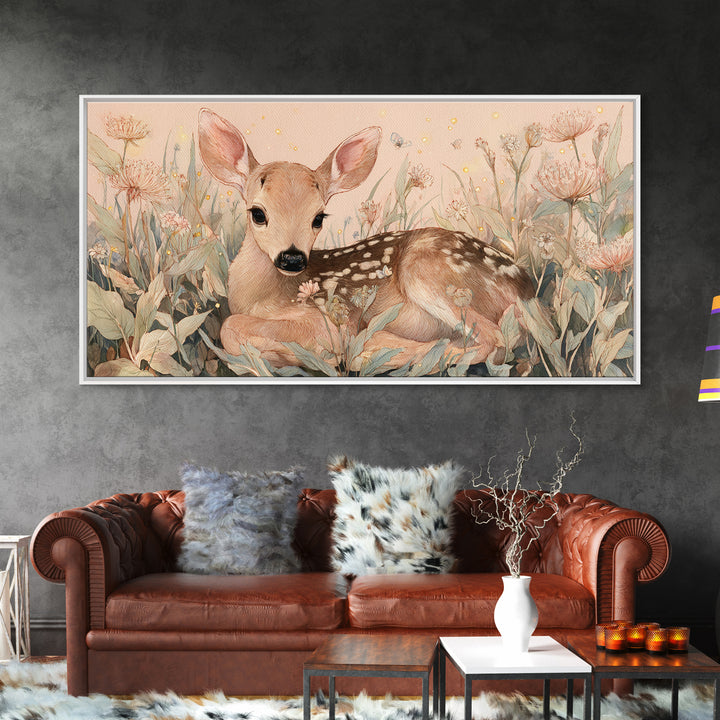 Baby Deer in Meadow with Fireflies Framed Canvas Print, Nursery Decor, Room Decor, Fine Art, Nursery, Framed Wall Art, NDE-2x1-18