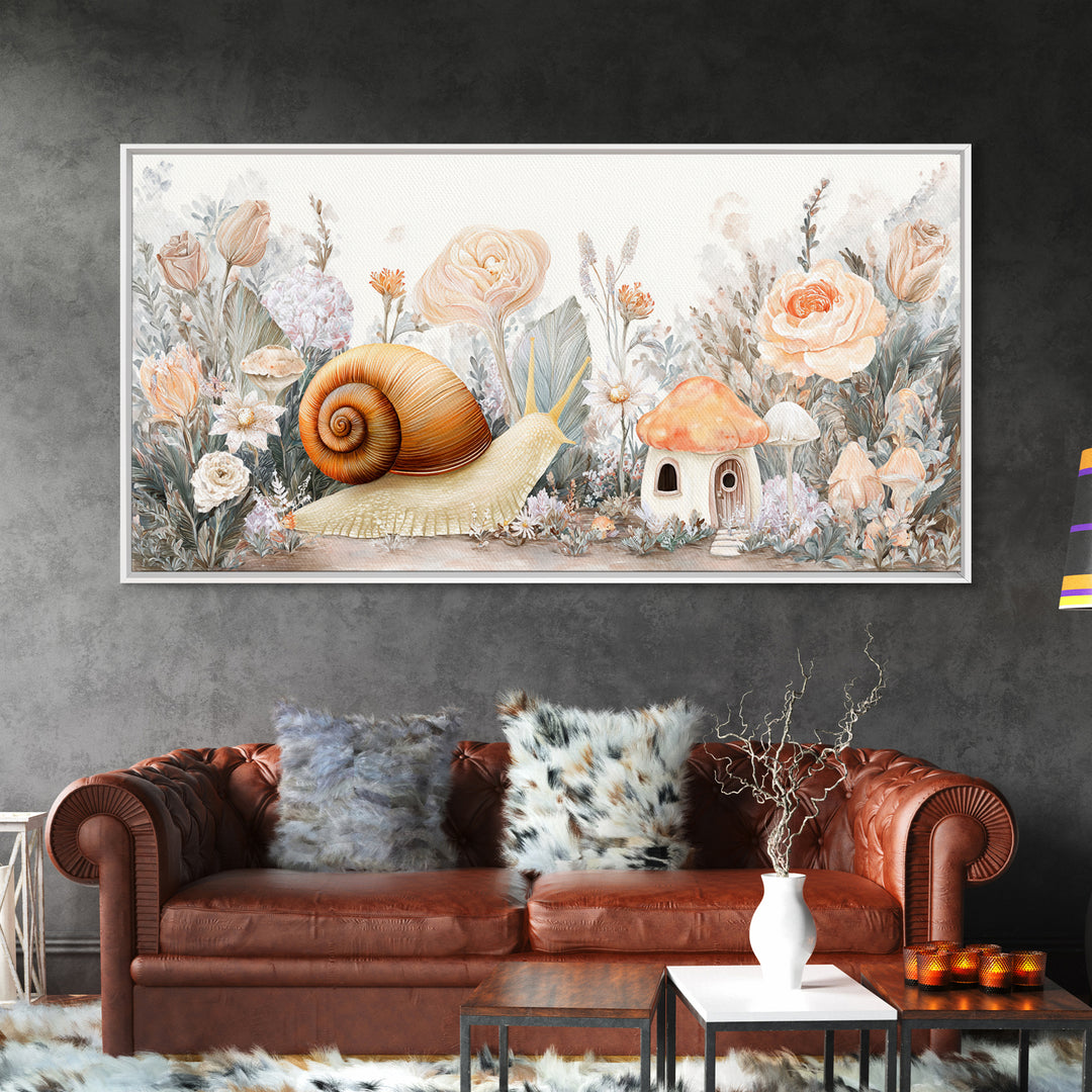 Garden Snail with Mushroom House Framed Canvas Print, Nursery Decor, Woodland Nursery, Watercolor Art, Nursery, NDE-2x1-19