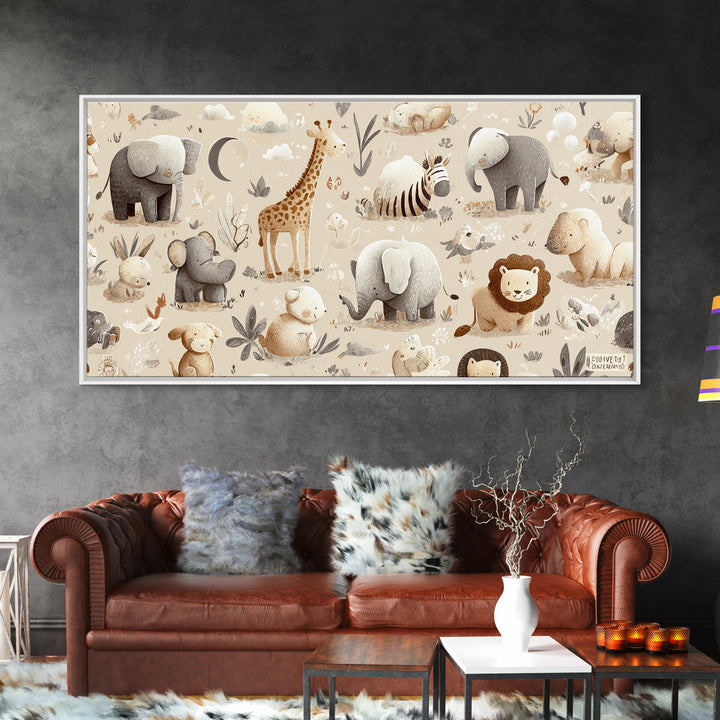 Cute Safari Animals Framed Canvas Print, Nursery Decor, Minimalist Decor, Fine Art, Nursery, Wall Decals, Nursery Wall Decor, NDE-2x1-24